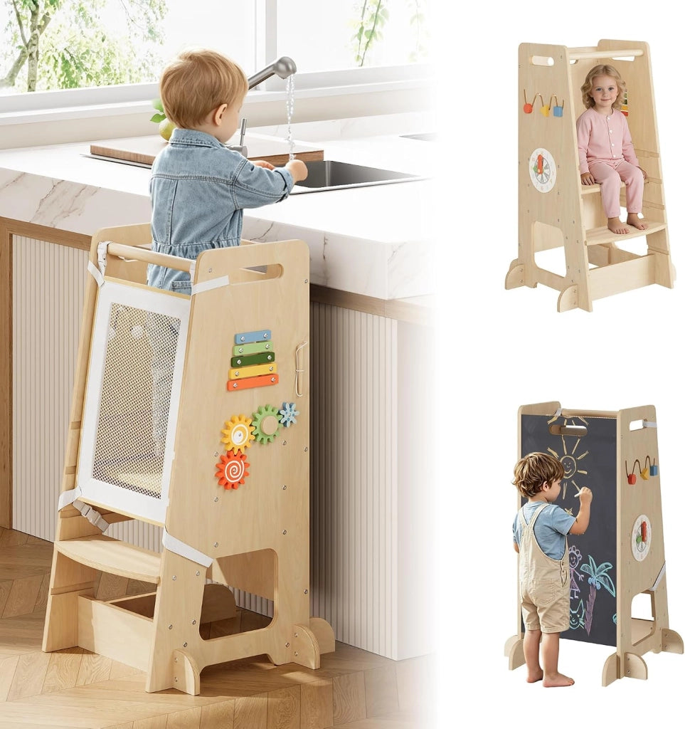 Torre di apprendimento per bambini; torre di osservazione in legno di betulla con attivit   educative; 90x56x50 cm; per cucina e bagno