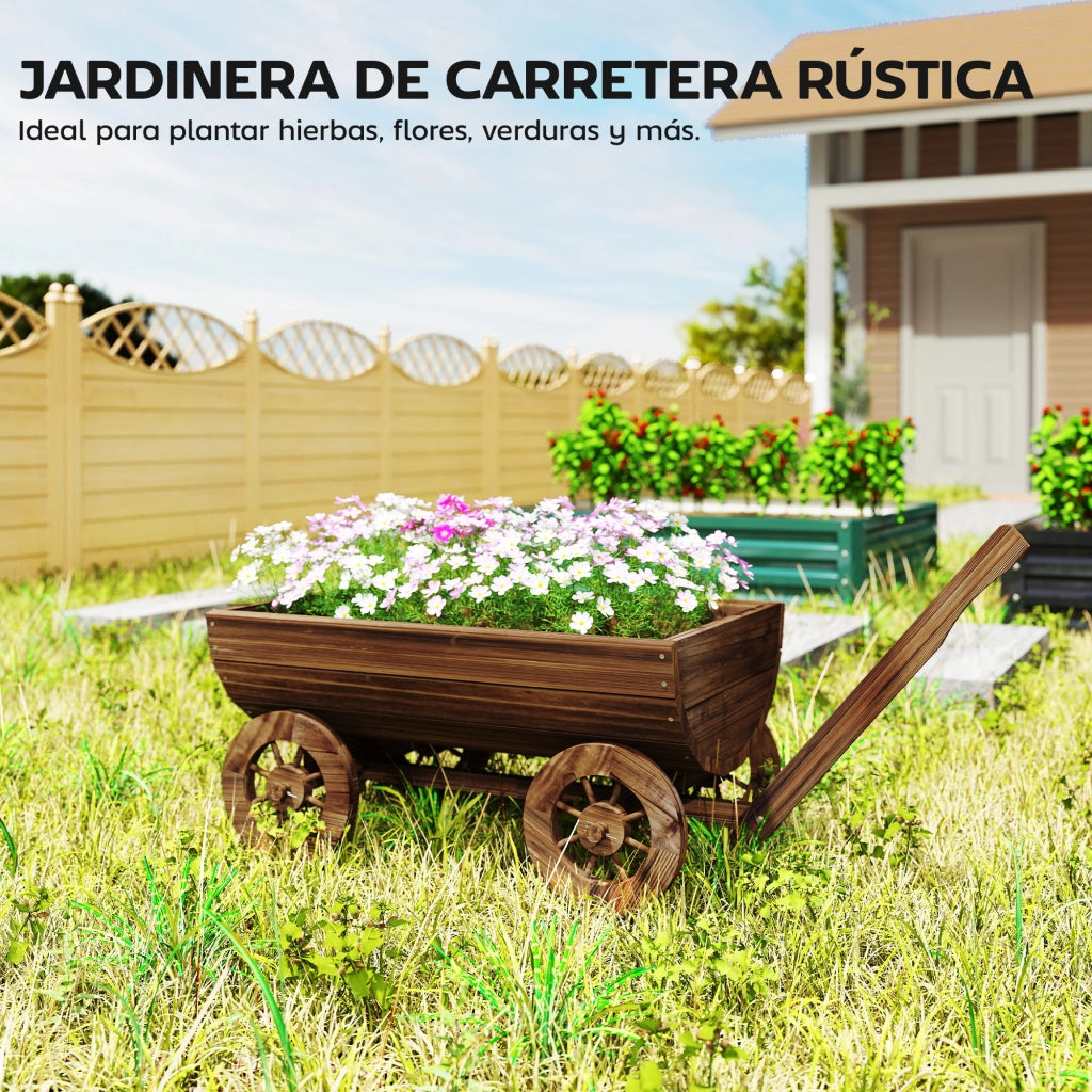 Carrello Giardino Legno con 4 Ruote e Manico ¨C zephmum ¨C 115x40x54,5 cm Carbonizzato