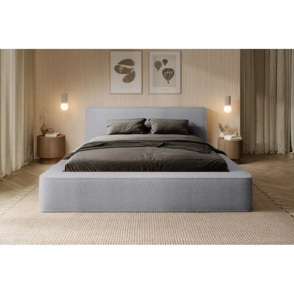 Letto contenitore VELORA – Grigio perla bouclé – 180x200 cm – Tessuto velluto morbido – Rete sollevabile – Spazio di stoccaggio integrato