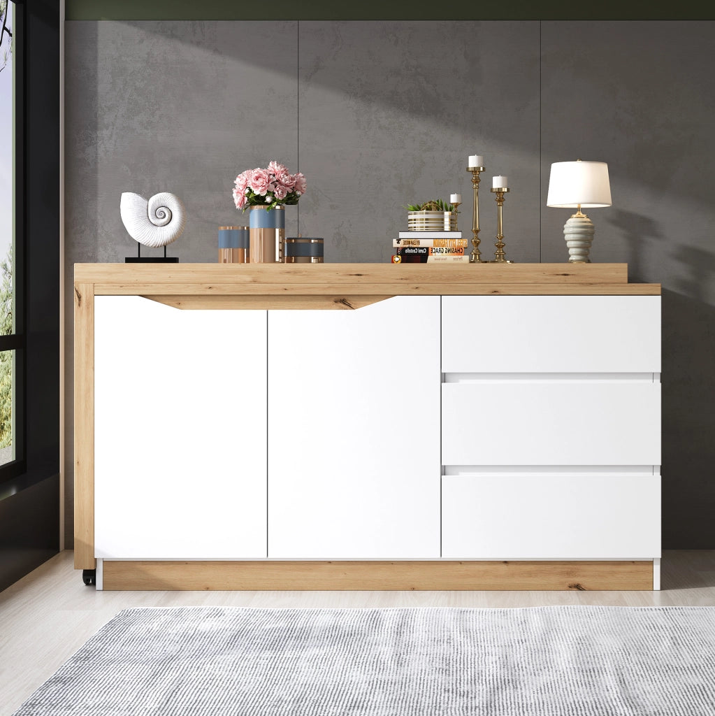 Scrivania pieghevole girevole 120x50x78 cm con 2 ante e 3 cassetti; bianco e rovere; in truciolare