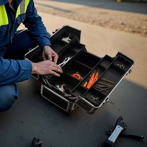 Cassetta attrezzi vuota in alluminio con 2 chiavi, valigetta universale per attrezzi 35,5 x 24 x 22,5 cm, hobby, lavoro, cassetta portautensili con separatori,