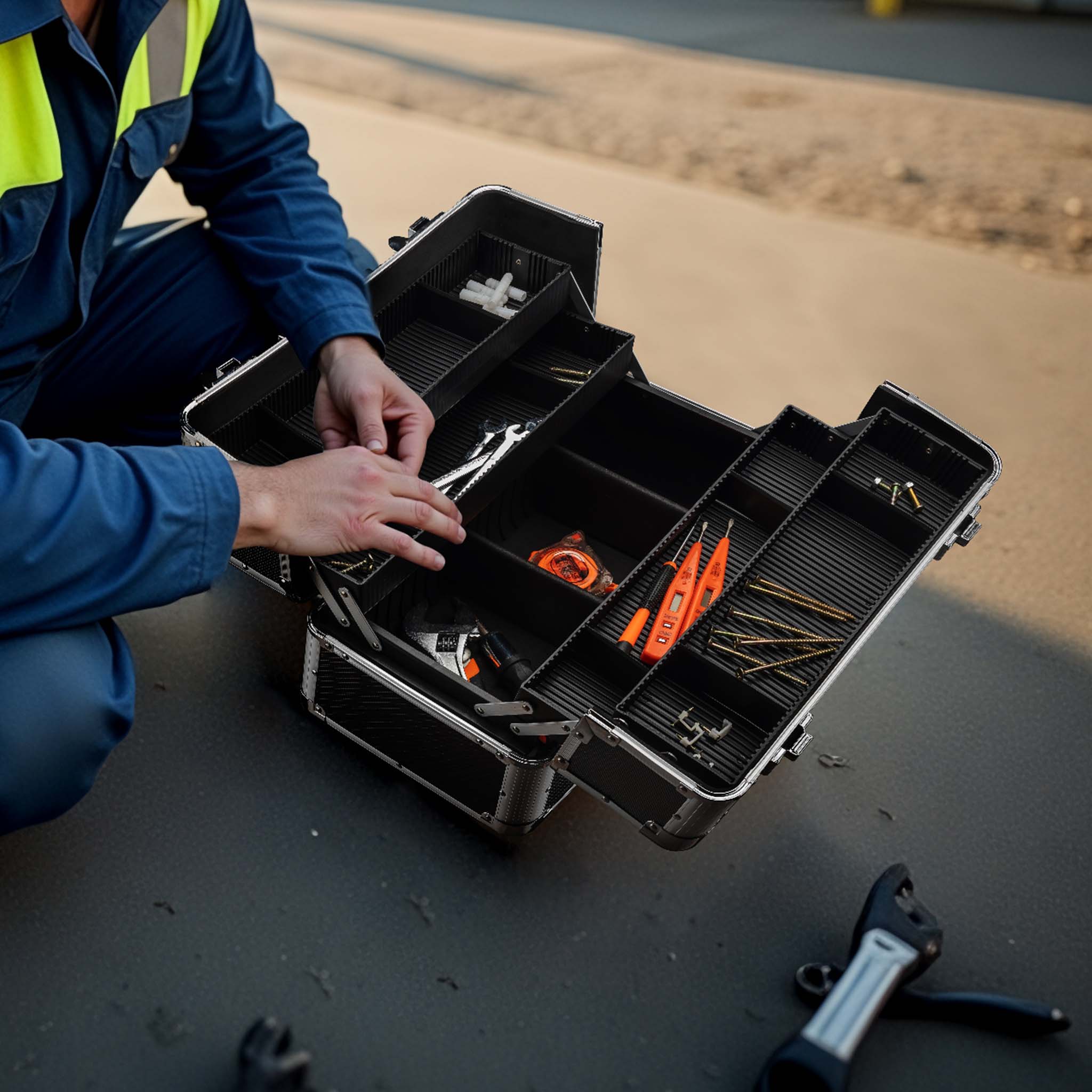 Cassetta attrezzi vuota in alluminio con 2 chiavi, valigetta universale per attrezzi 35,5 x 24 x 22,5 cm, hobby, lavoro, cassetta portautensili con separatori,