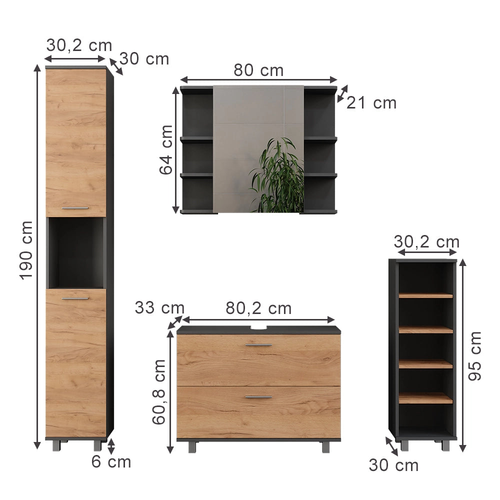Vicco Set di mobili da bagno Quercia dorata/antracite 4 parti