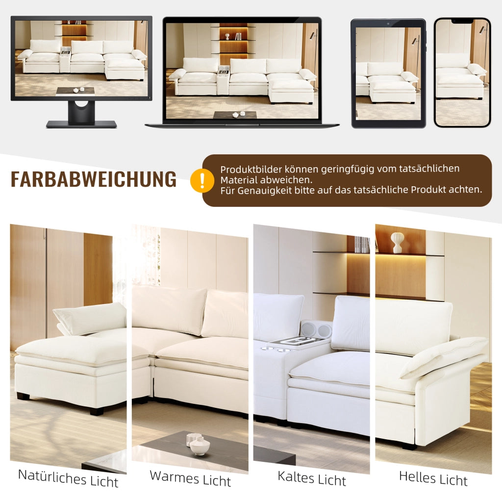 Divano modulare 4 posti con ricarica wireless, altoparlanti Bluetooth, luce, portabicchieri, ciniglia Beige/Bianco