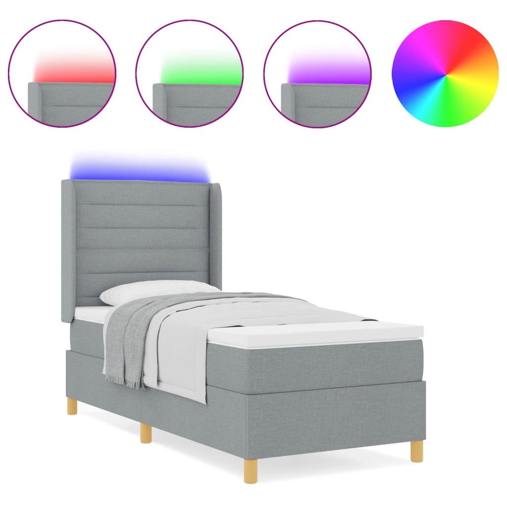Letto a Molle con Materasso e Luce LED Grigio Chiaro 100x200 cm Tessuto