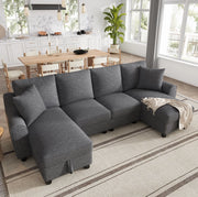 Divano a U in ciniglia grigio con vano contenitore, 280x137x84 cm