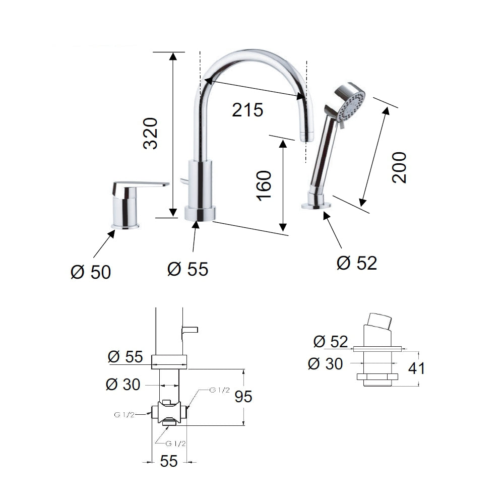Rubinetto bordo vasca con deviatore, bocca minimale e doccetta a due posizioni - serie dream