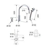 Rubinetto bordo vasca con deviatore, bocca minimale e doccetta a due posizioni - serie dream
