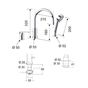 Rubinetto bordo vasca con deviatore, bocca minimale e doccetta a due posizioni - serie dream