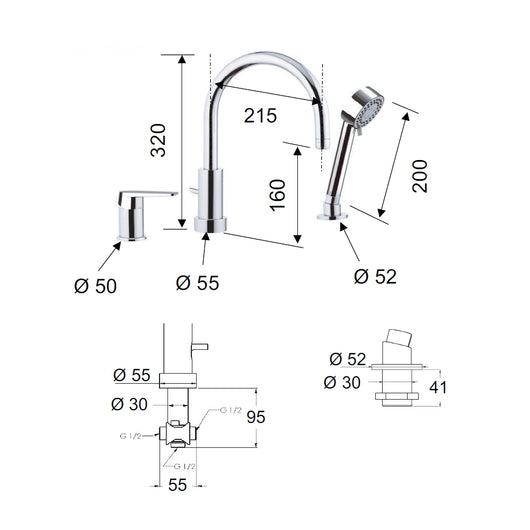 Rubinetto bordo vasca con deviatore, bocca minimale e doccetta a due posizioni - serie dream