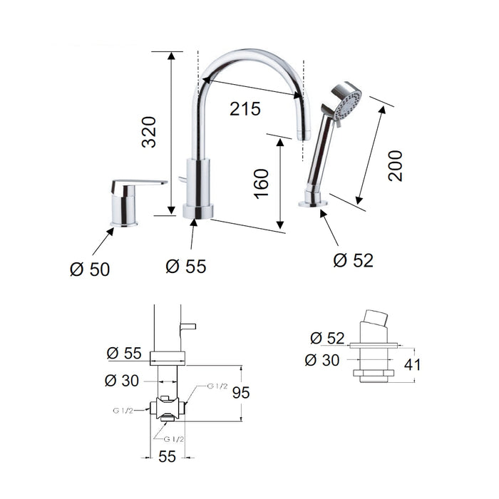 Rubinetto bordo vasca con deviatore, bocca minimale e doccetta a due posizioni - serie dream