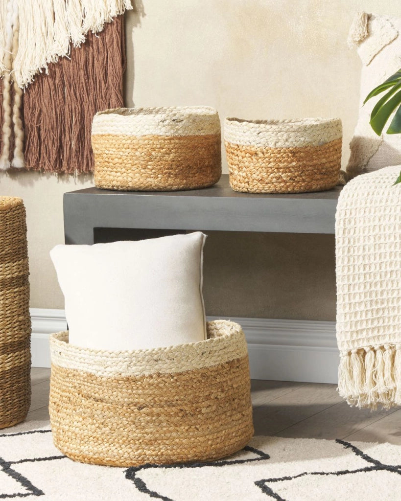 Set di 3 cestini in tessuto di iuta naturale alti 13/14/18 cm per conservare lo stile rustico boho