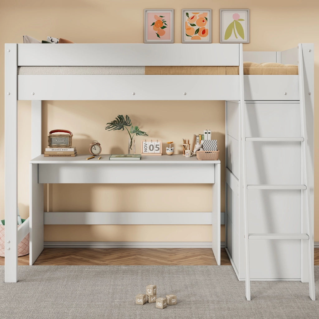 Letto a castello per bambini bianco con scrivania e armadio in legno massello 90x200 cm