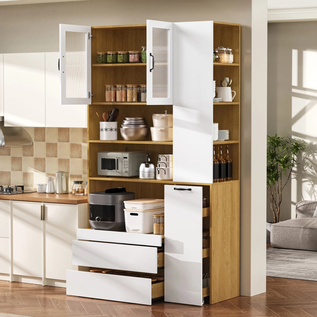 Credenza alta con ante in vetro rigato, cassetti e ripiani estraibili in MDF bianco e naturale 100 × 40 × 200 cm