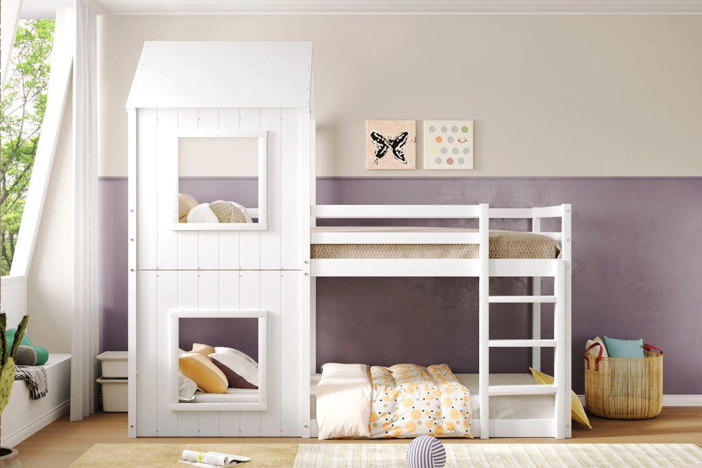 Letto a soppalco per bambini 90 × 200 cm con scala et barriera di sicurezza, senza materasso, bianco