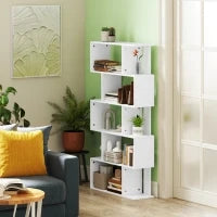Libreria Asimmetrica a S a 5 Livelli con 10 Ripiani Aperti, in Legno, 80x24x159 cm, Bianco