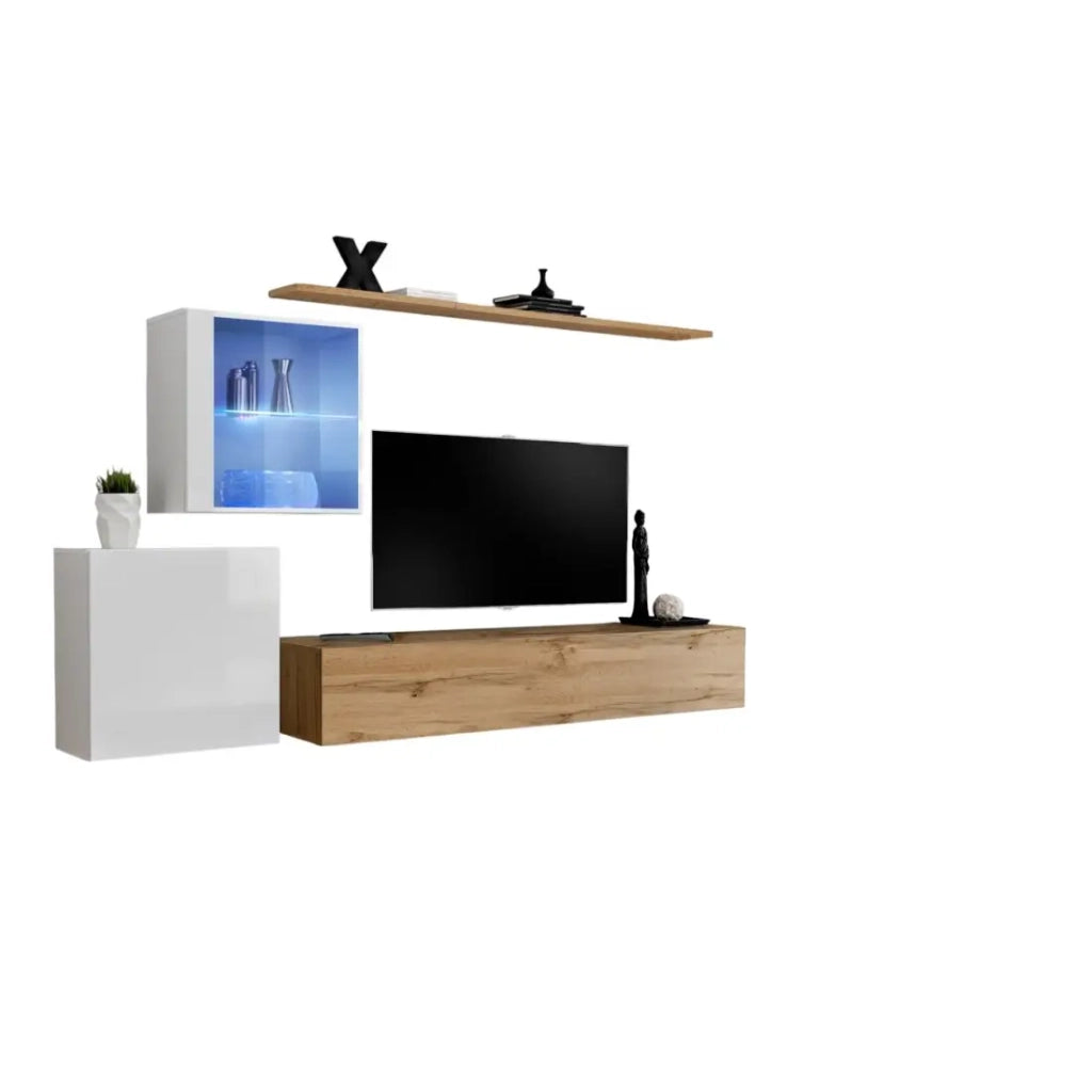 Mobile da soggiorno a parete SWITCH XV design, colore rovere Wotan e bianco lucido.