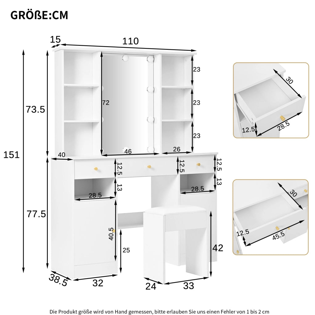 Tavolo da trucco bianco con specchio LED regolabile; 3 cassetti e 2 ante; 110x40x151 cm