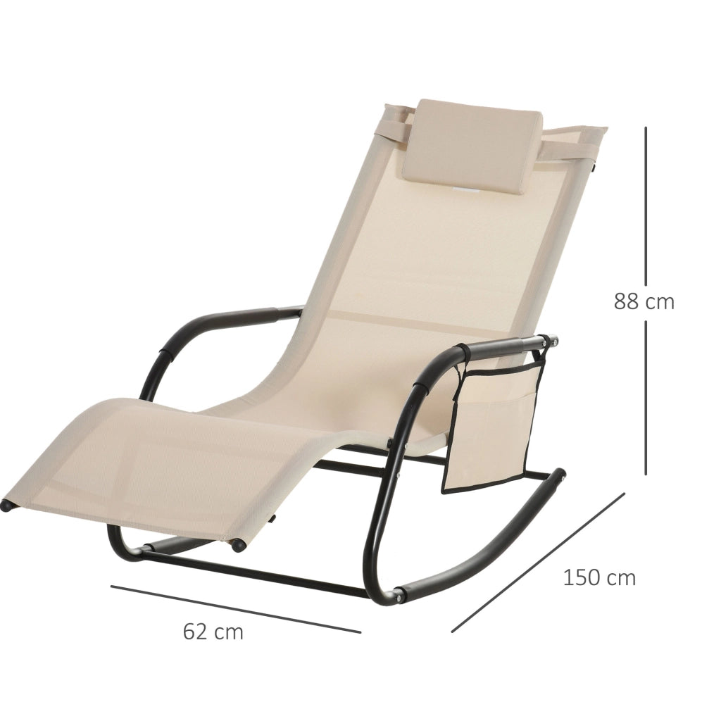 Sedia a dondolo con schienale imbottito in metallo beige, tasca laterale e cuscino, 88 × 62 × 150 cm