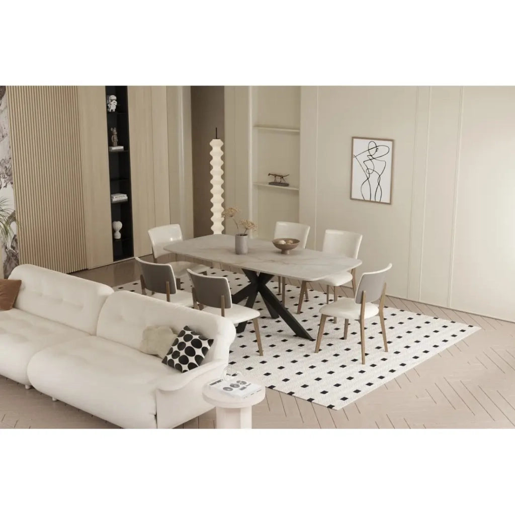 Tavolo da pranzo ARVENA – 180x90 cm – Colore beige marmo pietra – Piano effetto pietra – Design elegante e moderno