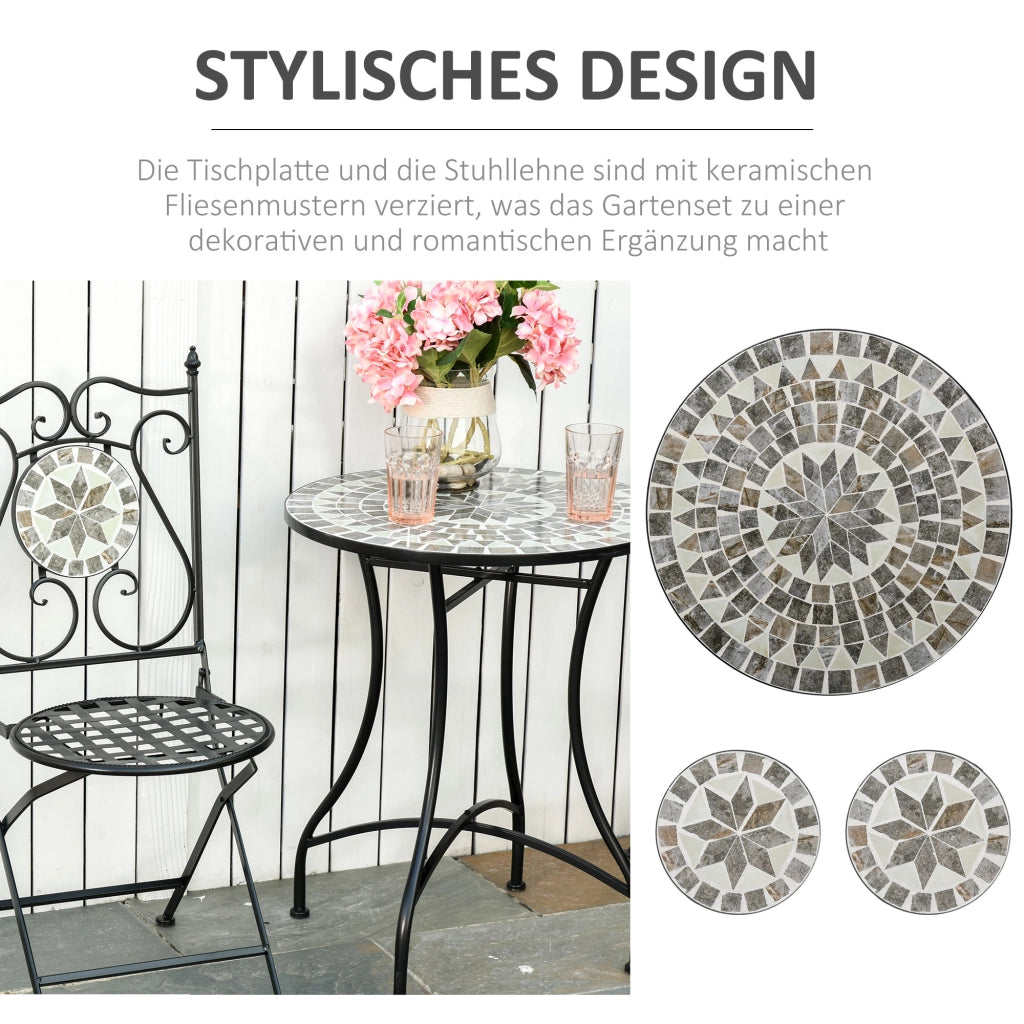 Set da giardino 2 persone ¨C zephmum ¨C tavolo mosaico + sedie pieghevoli metallo multicolore