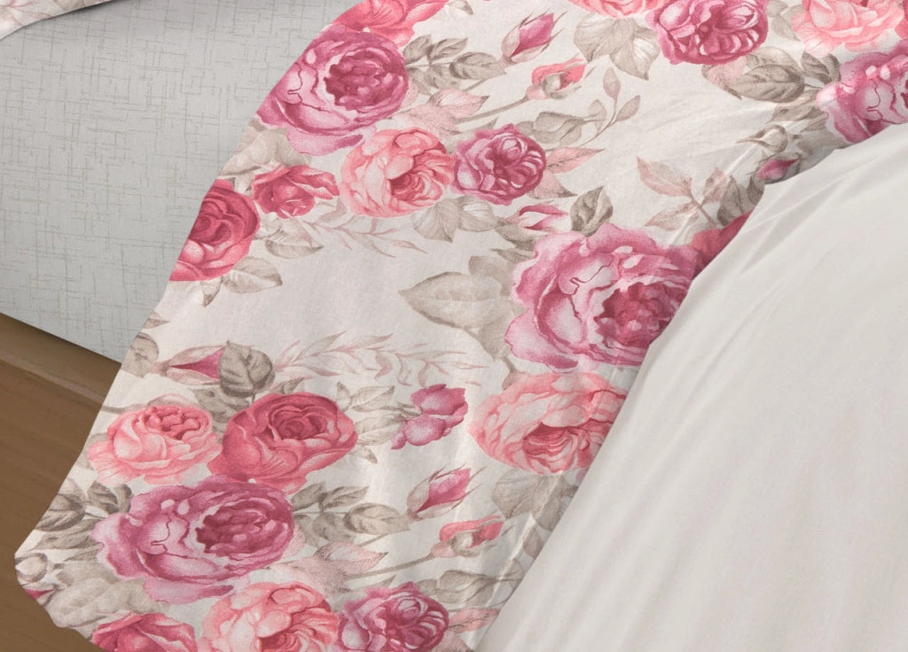 Completo Lenzuola Letto 100% Cotone Disegno Rose Floreale Fiori Romantico Mod RP Made In Italy - 1 Piazza - Rosa