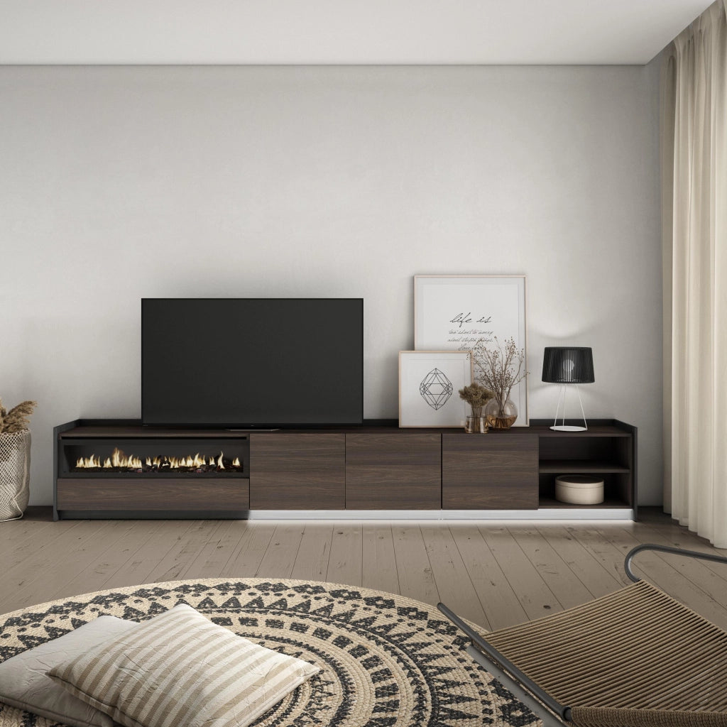 Mobile TV Soggiorno, 310x50x37 cm, Per TV fino a 80", Camino elettrico, LED, Rovere scuro e Nero