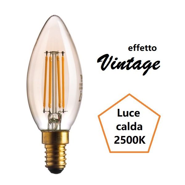 LAMPADINA OLIVA A LED 4,5W LUCE CALDA 2500K 420 LUMEN E14 VETRO AMBRATO BOT