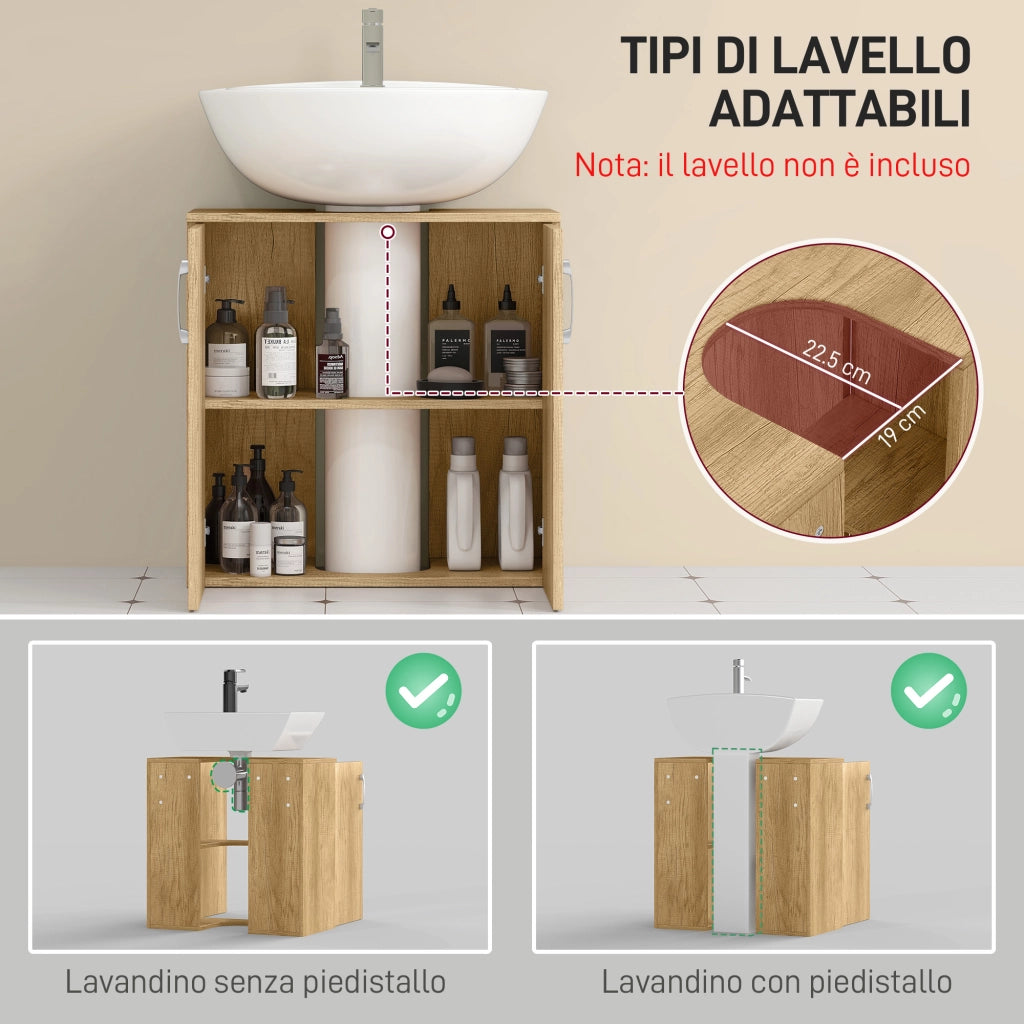 Mobiletto Bagno Sottolavabo Sospeso a 2 Ante con Ripiani in Legno ¨C zephmum ¨C Naturale 60x30x
