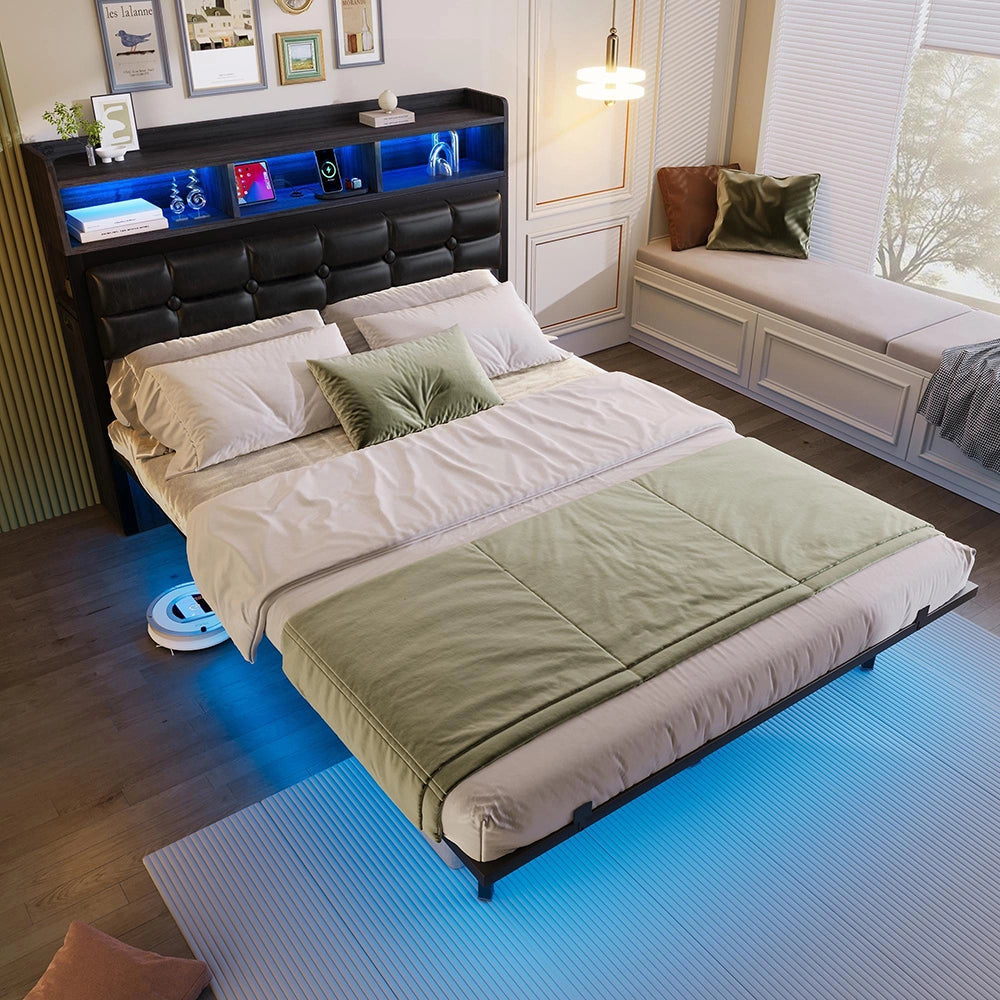 Letto matrimoniale - Xylo - 140x190 cm - Grigio - Testiera, comodini scorrevoli, ricarica USB/LED