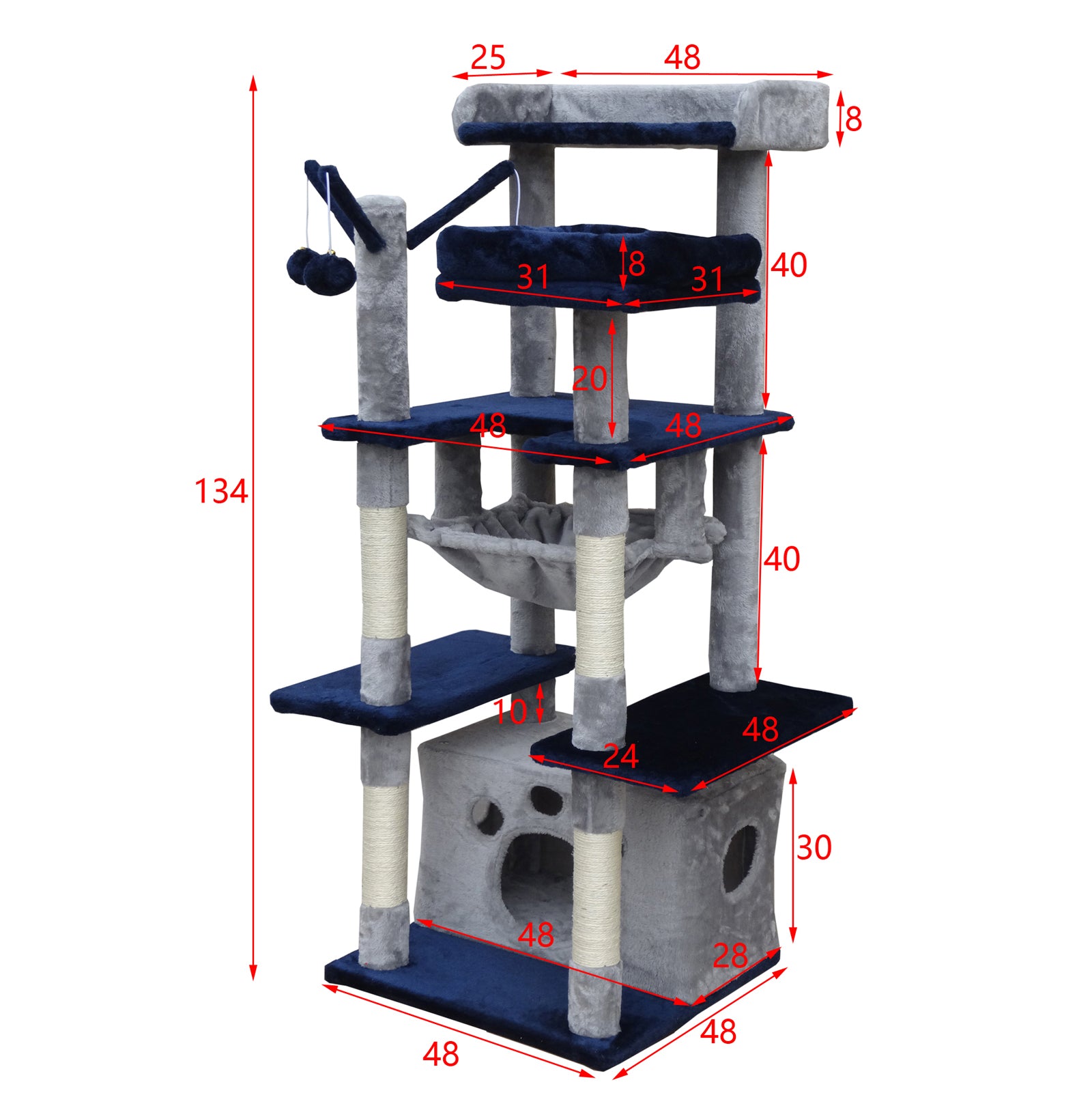 Fudajo Albero tiragraffi per gatti 134cm grigio scuro, con casetta e amaca