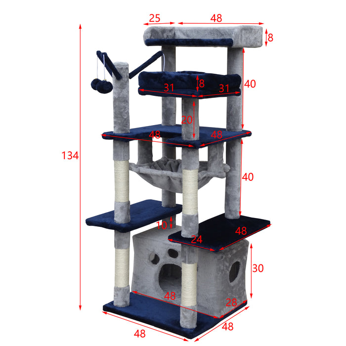 Fudajo Albero tiragraffi per gatti 134cm grigio scuro, con casetta e amaca
