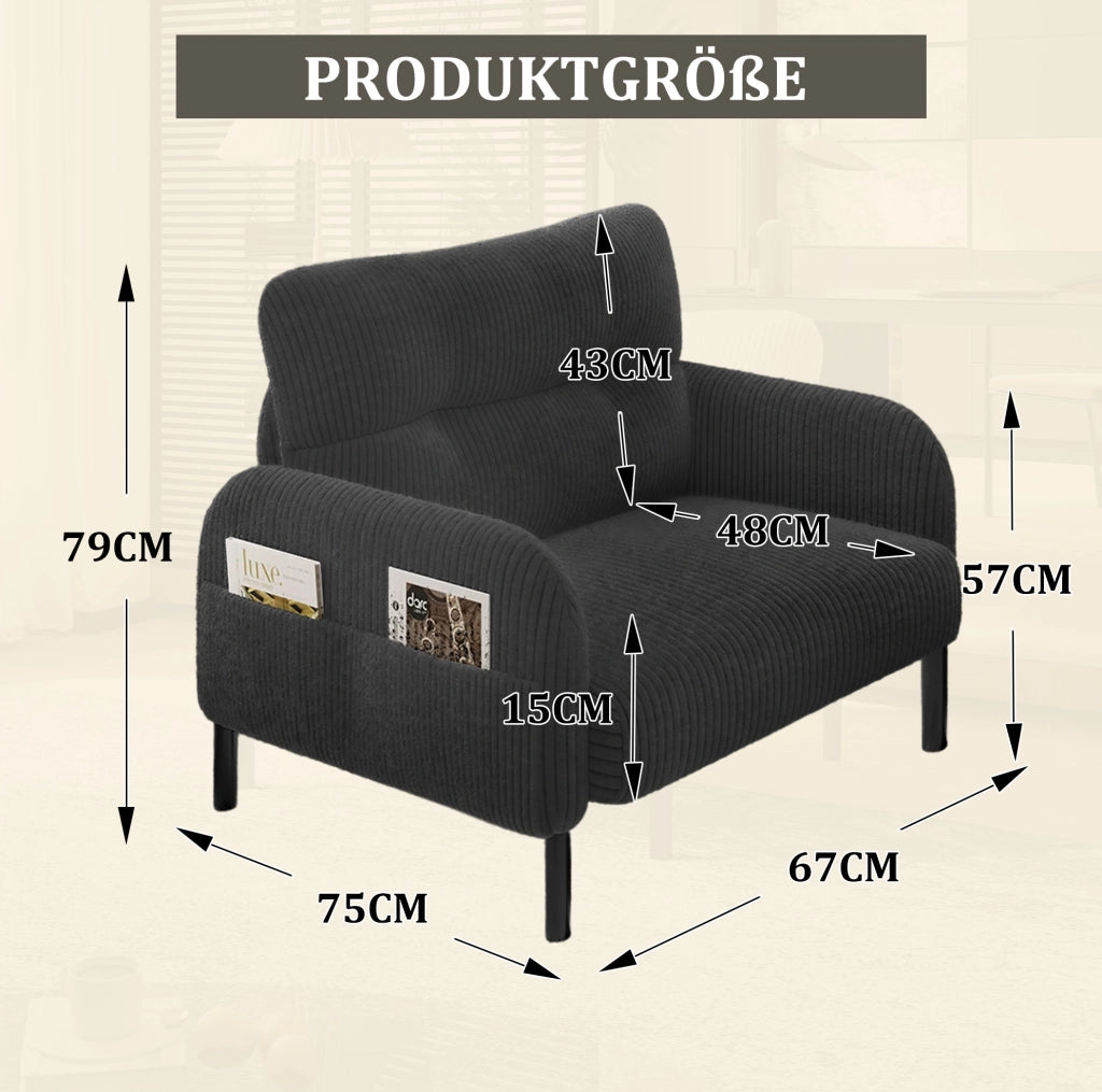 Poltrona singola in corduroy grigio con tasca laterale; 67 x 75 x 79 cm