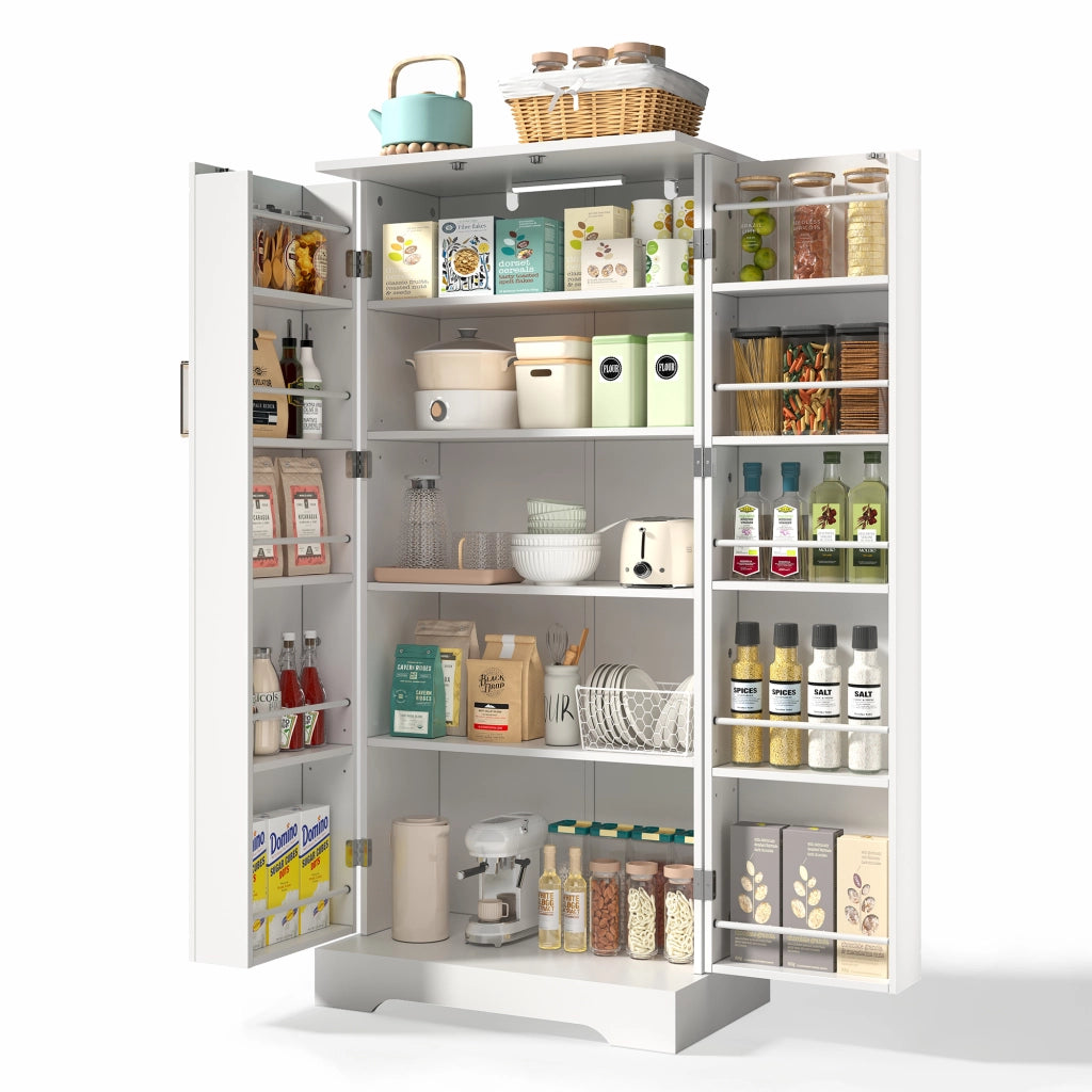 Credenza da cucina con LED sensor e 5 ripiani regolabili, per cucina e soggiorno, in MDF, bianco, 60 × 35 × 128 cm