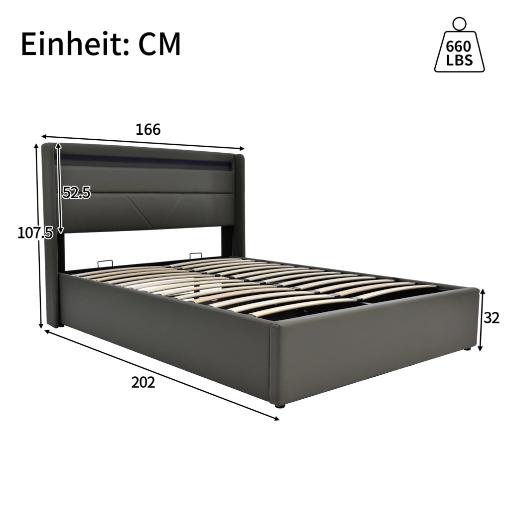 Letto matrimoniale contenitore 160x200 cm con LED e testiera imbottita; grigio