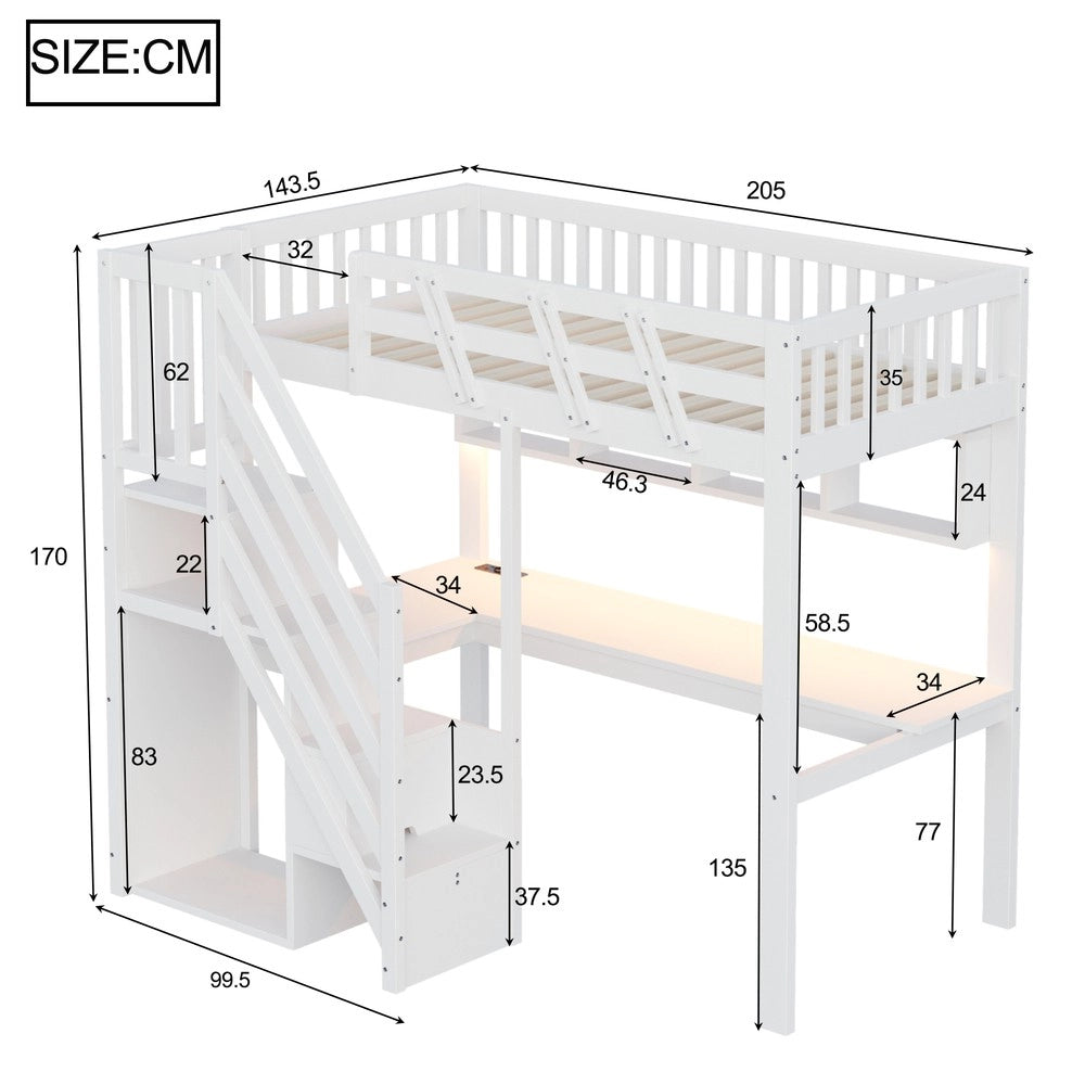Letto Singolo in Legno Massello con Scala, Scrivania, LED e USB ¨C Xylo ¨C Bianco 90x200