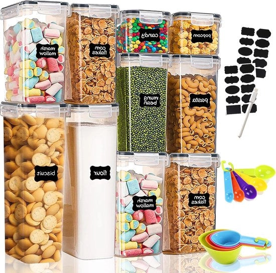 Set di contenitori in stock 10 pezzi,BPA libero,per la conservazione di pasta,muesli,riso,pane e per l'alimentazione degli animali domestici,insieme di etichette e cucchiaio.