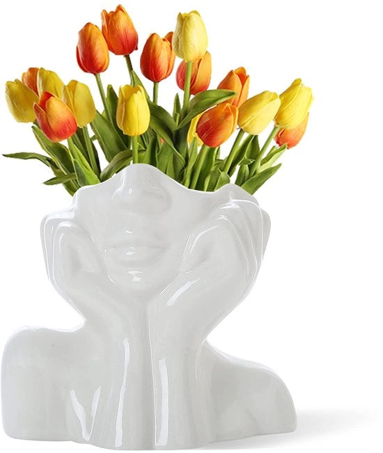 Vaso da Viso, Vaso di Fiori come Decorazione per Ufficio, Vaso Ceramico con Forma Femminile, Ideale per Parete, Tavolo Rurale Moderno, Piccola Libreria con Mezzo Viso (Stile C)