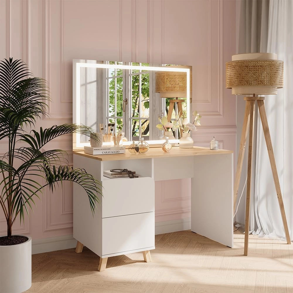 Tavolo da toeletta Karen, Bianco/Artisan, 110 cm con specchio a LED, Materiali robusti per un utilizzo duraturo