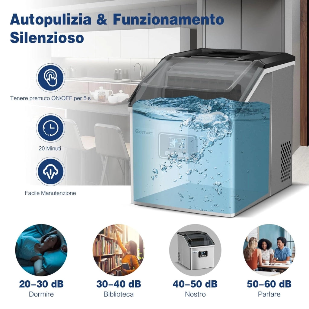 Macchina del Ghiaccio in Acciaio Inox, Macchina del Ghiaccio Elettrica con Paletta e Castello, Produzione 18kg/24H, Ideale per Casa e Ufficio