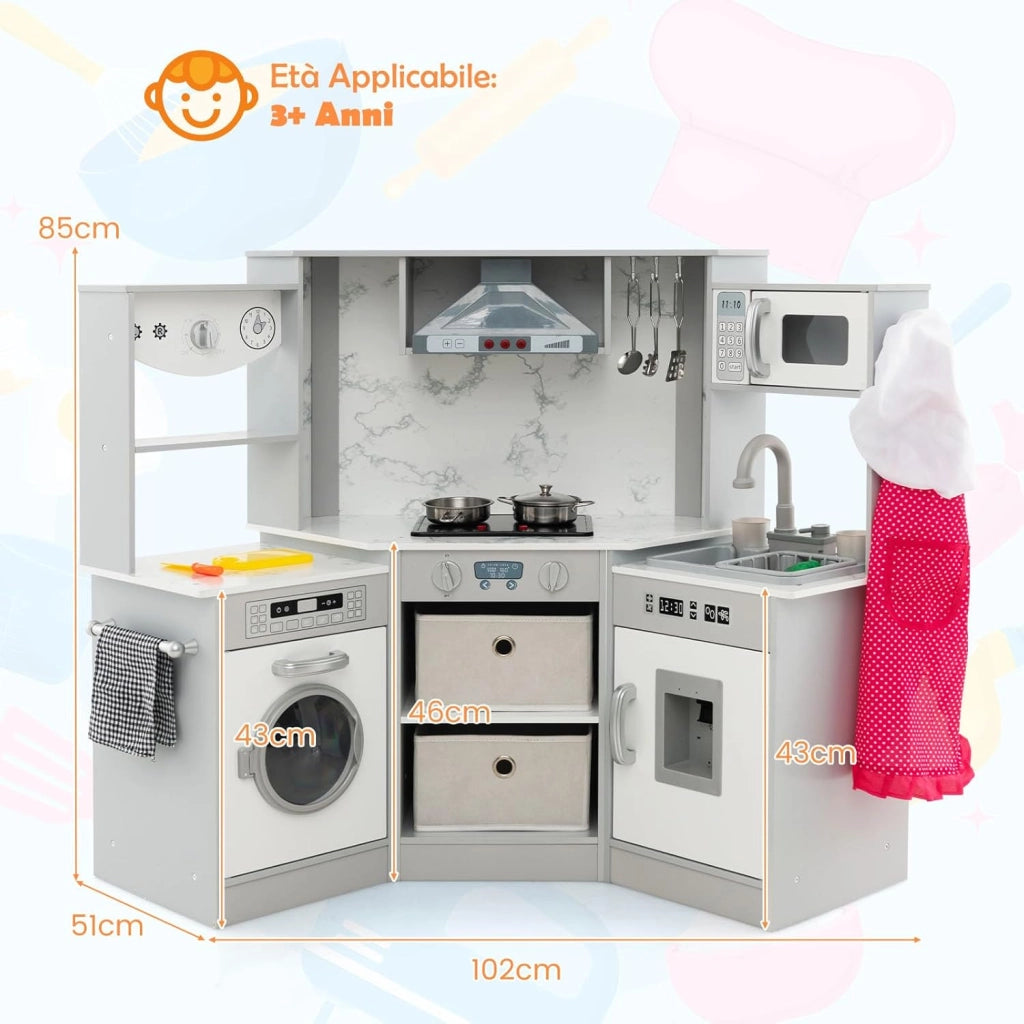 Set di Cucina Giocattolo per Bambini, con Luci e Suoni, Cappa Aspirante illuminata, Fornelli, Forno a Microonde, Distributore d'acqua e Lavatrice, Ideale per Bambini 3 Anni+ (Grigio)