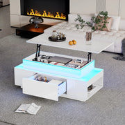 Tavolino da caffè sollevabile 96x45x40 cm con LED; contenitore e cassetto; bianco lucido