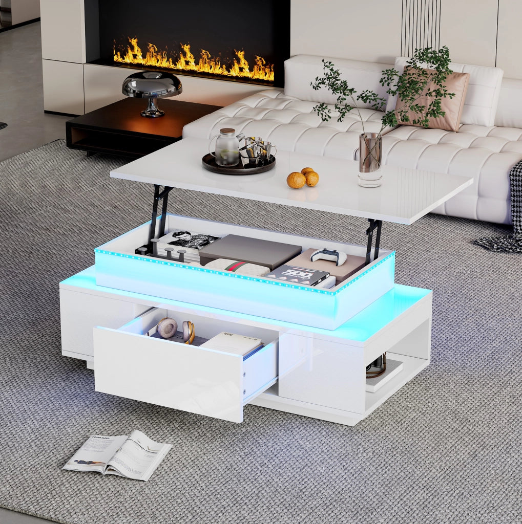 Tavolino da caffè sollevabile 96x45x40 cm con LED; contenitore e cassetto; bianco lucido