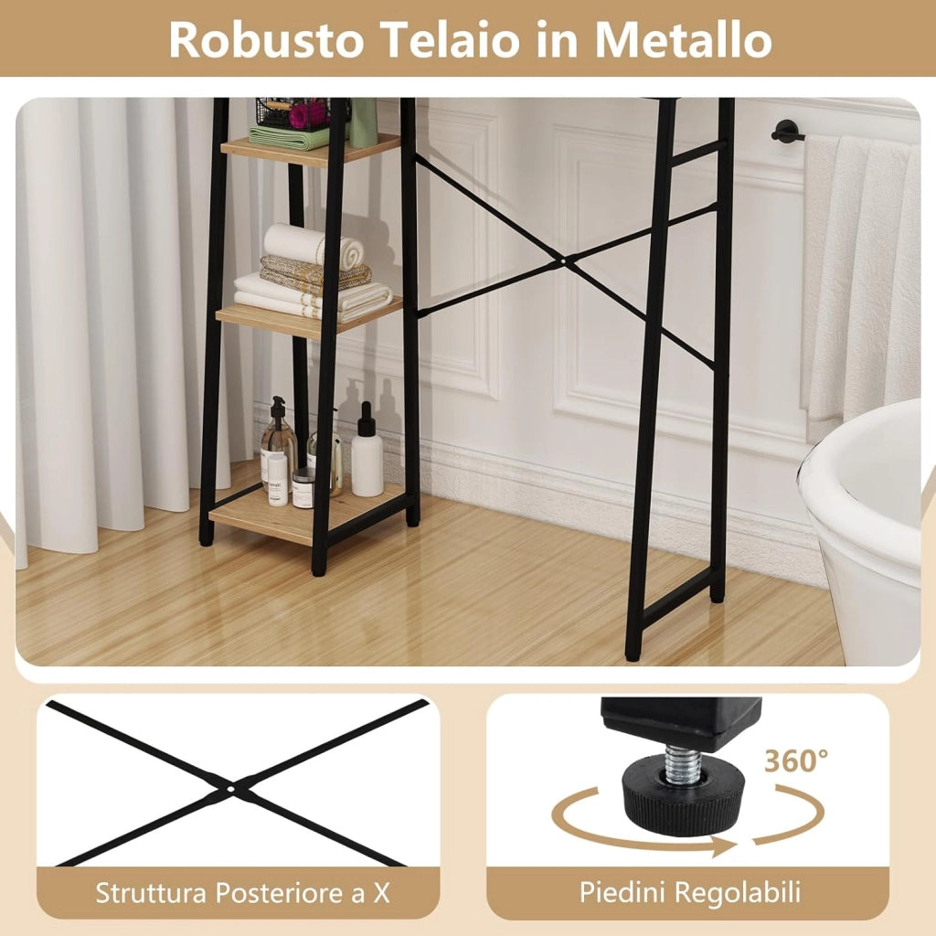 Scaffale Bagno 139cm sopra WC, Mobile Bagno Salvasapzio con Porta in Rattan PE, Ripiani di Stoccaggio Aperti e Supperto in Metallo, Organizzatore sopra Gabinetto, Nero e Marrone