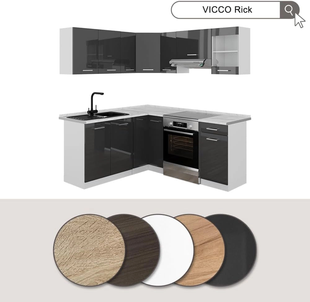 Cucina angolare completa Rick, Antracite lucido/bianco, 190 x 60 cm, PL Marmo, con elementi modulari espandibili per una pianificazione flessibile della cucina