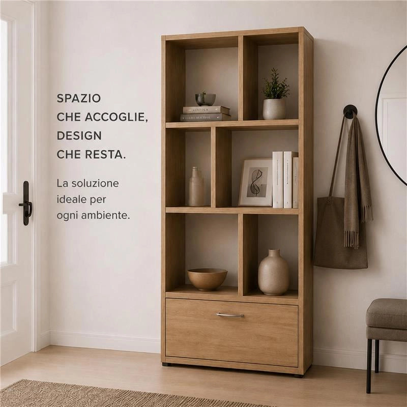 LIBRERIA IN MDF ROVERE CON RIPIANI SFALSATI E CASSETTONE MISURE: 70X24X140 CM