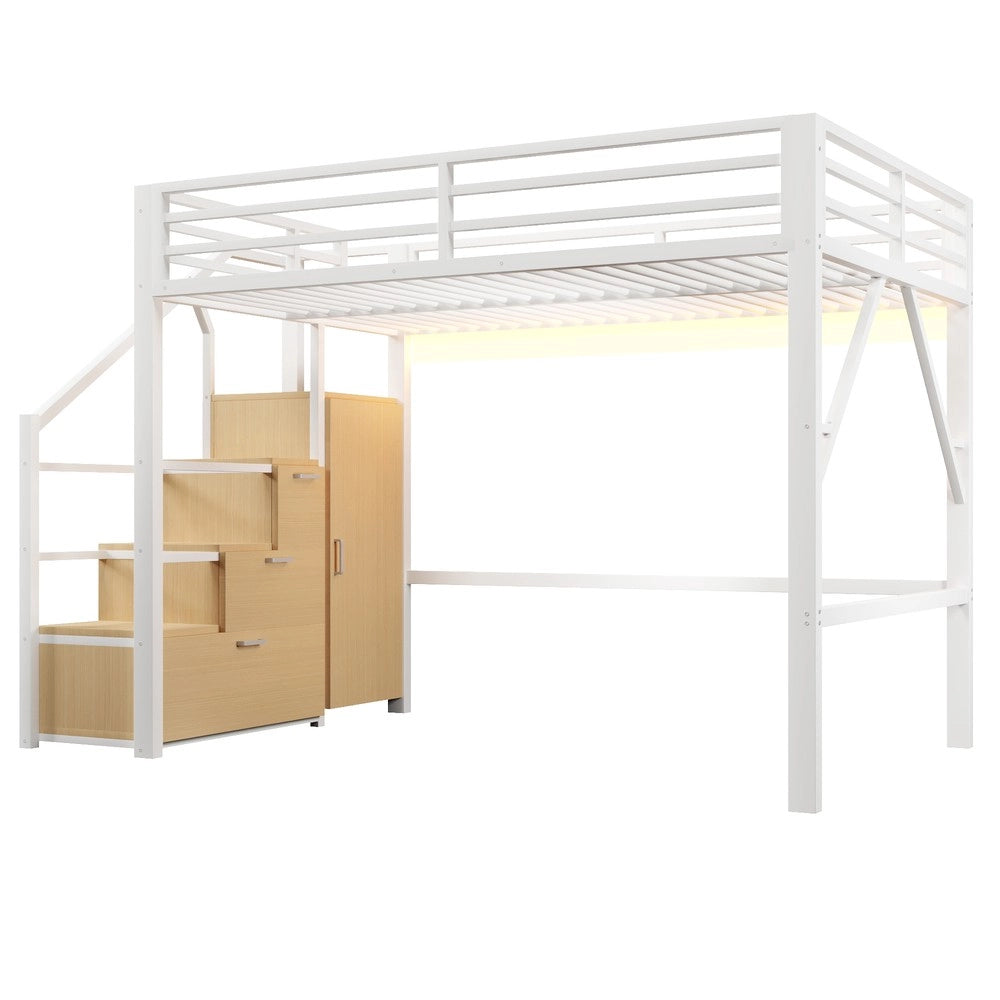 Letto a Soppalco con Armadio e Cassetti, LED ¨C MINIMAL ¨C Metallo Bianco 140x200