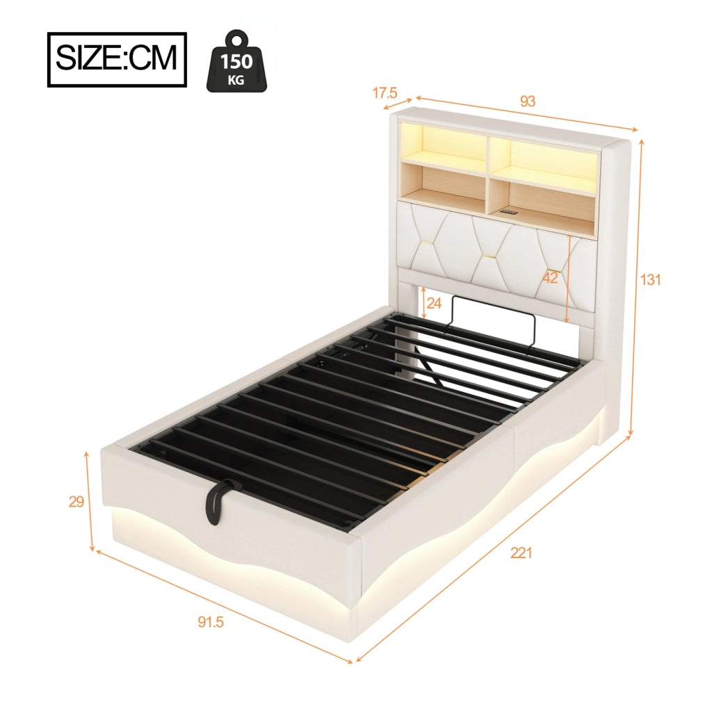 Letto multifunzione per bambini e ragazzi 90x200 cm con LED; USB e contenitore; beige