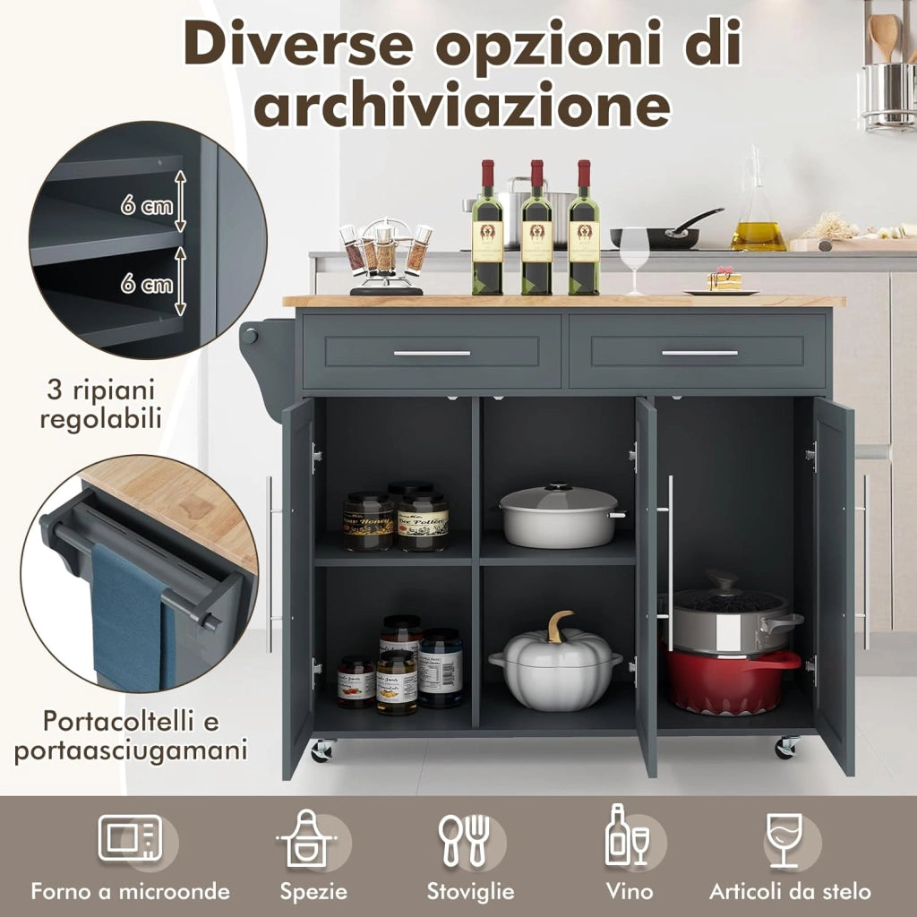 Carrello da Cucina, Carrello di Servizio con Ruote e Maniglia, 3 Ante e 2 Cassetti, Ideale per Cucina Ristorante Bar, 122x46x92,3 cm (Grigio)