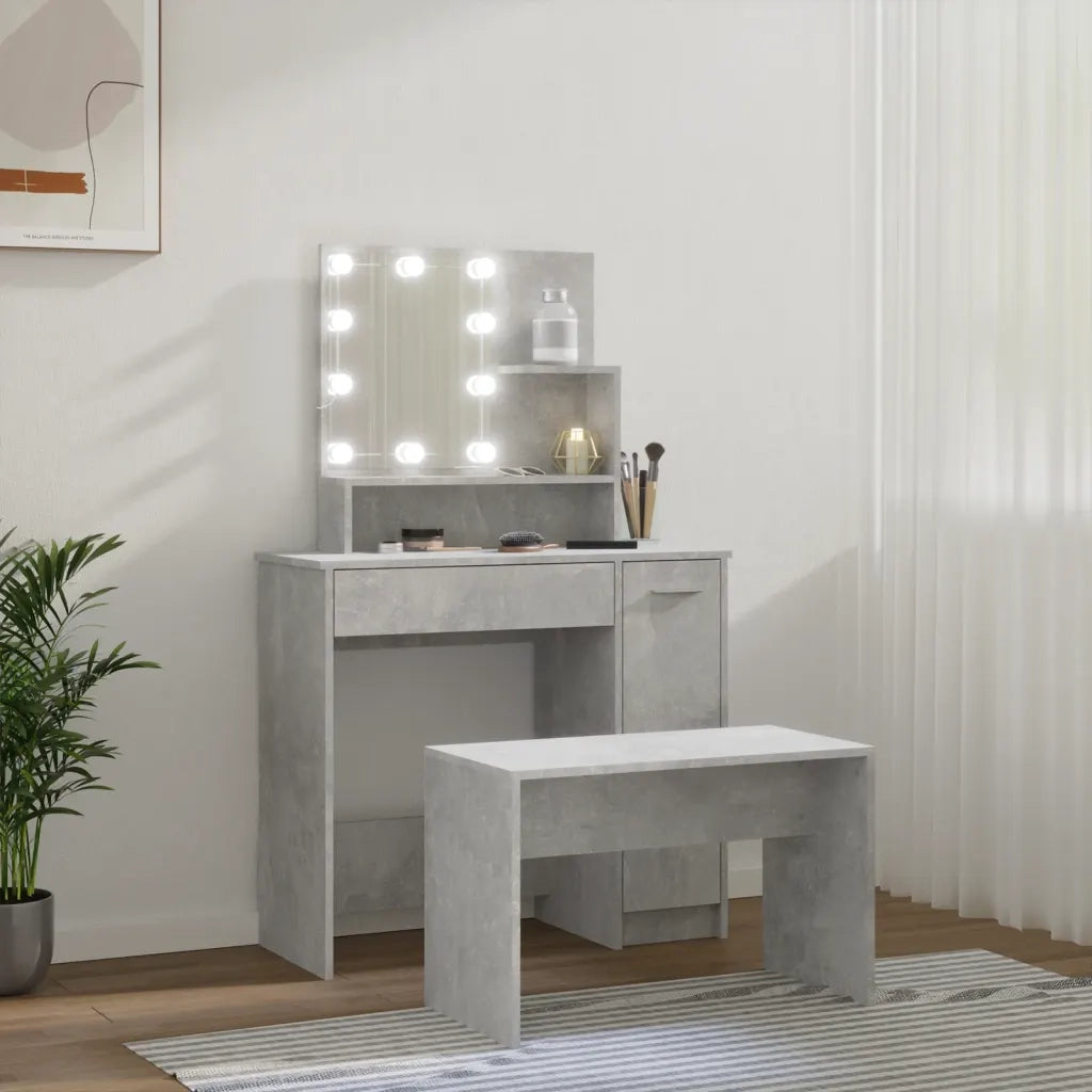 Set Tavolo da Toeletta | Tavolo da Trucco Grigio Cemento con LED Legno Multistrato